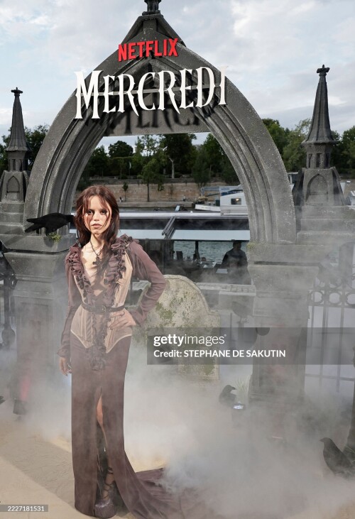 US actress Jenna Ortega poses during the premier of the second Season of the supernatural mystery Netflix TV series "Wednesday" in Paris on July 31, 2025. (Photo by STEPHANE DE SAKUTIN / AFP) (Photo by STEPHANE DE SAKUTIN/AFP via Getty Images)