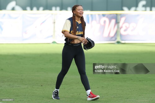 ATLANTA, GEORGIA - JULY 12: Storm Reid looks on during the 2025 Celebrity Softball Game at Truist Park on July 12, 2025 in Atlanta, Georgia. (Photo by Kevin C. Cox/Getty Images)