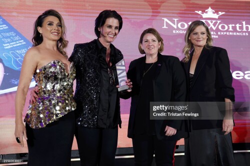 LONDON, ENGLAND - APRIL 26: Dannii Minogue, Heather Peace, guest and Sophie Ward onstage during the DIVA Awards 2024 at Grand Connaught Rooms on April 26, 2024 in London, England.  (Photo by Tristan Fewings/Getty Images)