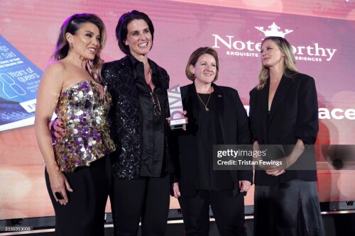 LONDON, ENGLAND - APRIL 26: Dannii Minogue, Heather Peace, guest and Sophie Ward onstage during the DIVA Awards 2024 at Grand Connaught Rooms on April 26, 2024 in London, England.  (Photo by Tristan Fewings/Getty Images)