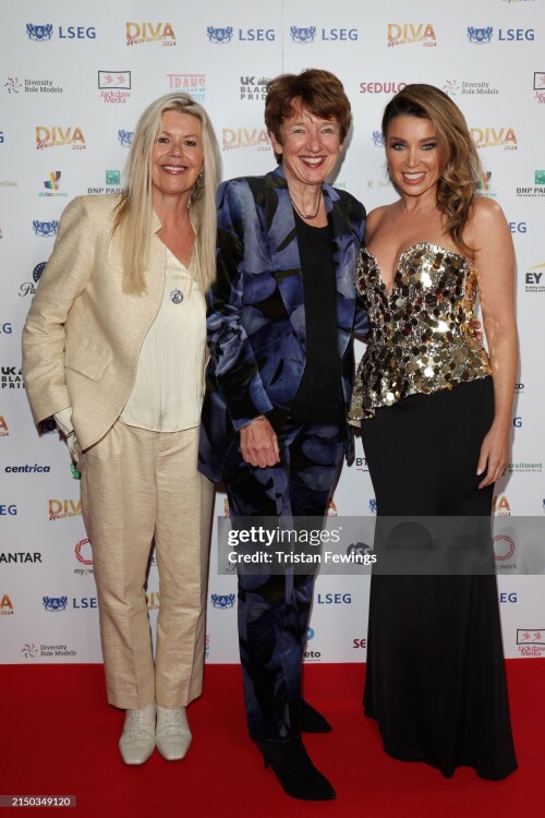 LONDON, ENGLAND - APRIL 26: Jacquie Lawrence, Dawn Airey and Dannii Minogue attend the DIVA Awards 2024 at Grand Connaught Rooms on April 26, 2024 in London, England. (Photo by Tristan Fewings/Getty Images)