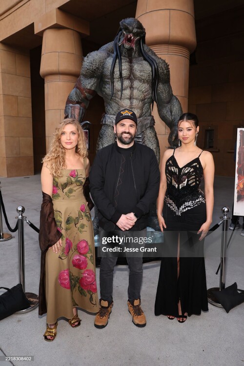 LOS ANGELES, CALIFORNIA - MAY 31: (L-R) Lindsay LaVanchy, Dan Trachtenberg and Amber Midthunder attend the Predator: Killer of Killers launch event at Beyond Fest on May 31, 2025 in Los Angeles, California. (Photo by Jesse Grant/Getty Images for 20th Century Studios)