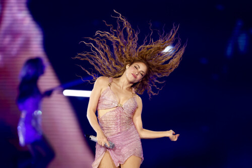 Shakira performs during her Las Mujeres Ya No Lloran world tour at Globe Life Field, Wednesday, June 11, 2025, in Arlington.