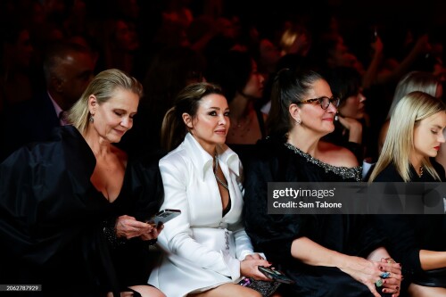 MELBOURNE, AUSTRALIA - MARCH 06: Shaynna Blaze, Dannii Minogue and Sonia Cappellazzo watch designs during the Glam Up Runway at Melbourne Fashion Festival 2024 on March 06, 2024 in Melbourne, Australia. (Photo by Sam Tabone/WireImage)