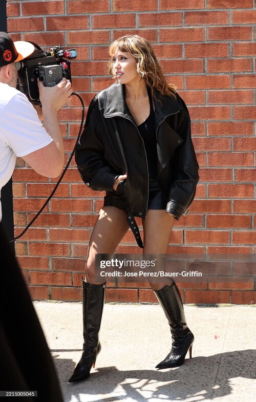 NEW YORK, NY - APRIL 23: Miley Cyrus is seen on a photoshoot for Maybelline in Queens on April 23, 2025 in New York City.  (Photo by Jose Perez/Bauer-Griffin/GC Images)